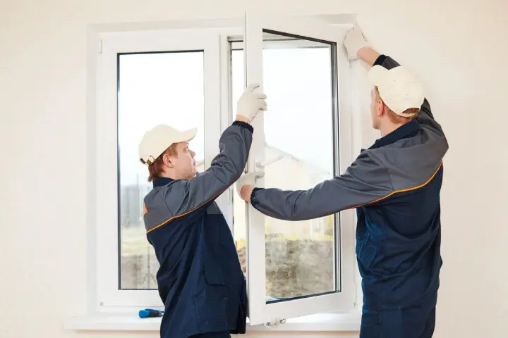 Two technicians fixing the window