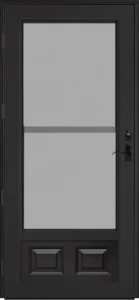 Black door with screen and handle.