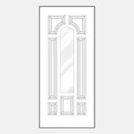 Decorative door with arched window design.