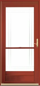 Red storm door with glass panel.