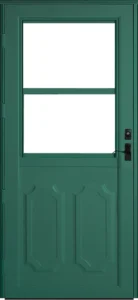 Green door with a window and handle.