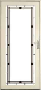 Beige door with glass panel design.