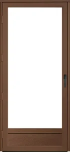 Brown framed glass door with handle.