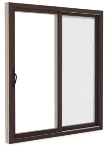 Sliding glass door with dark frame.