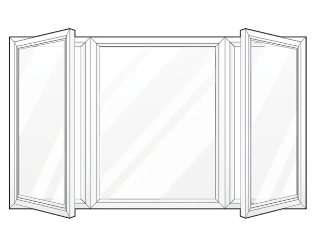 Tri-panel window with open side panels.