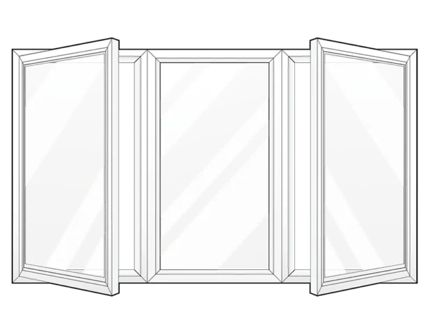 Four-panel window with open side panels.