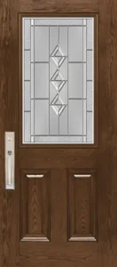 Wooden door with decorative glass panel.