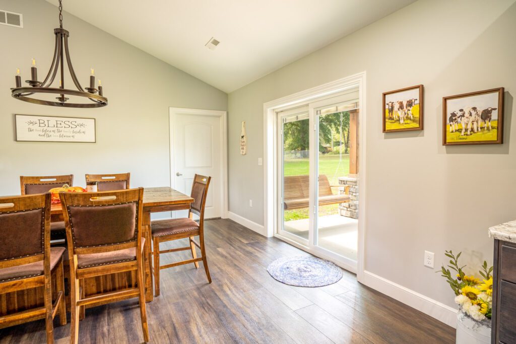 Dining room with wooden furniture and decor.