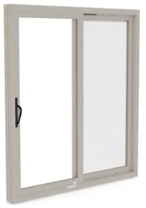 Sliding window with screen and handle.