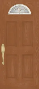Wooden door with decorative glass panel.