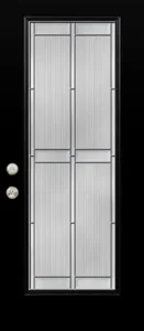 Modern glass door with vertical panels.