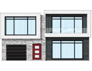 Modern two-story house with large windows.