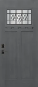 Gray door with decorative glass panel.