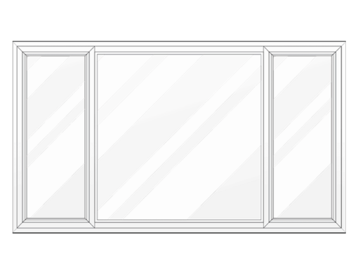 Three-panel window with diagonal reflections.