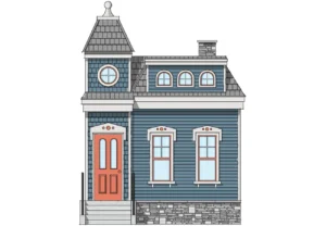 Blue Victorian house with orange door.