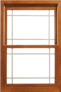 Wooden window with grid design, black background.