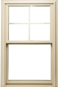 White-framed window with grid pattern.