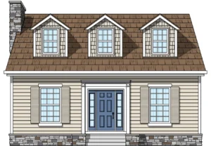 Illustration of a small house with dormers.