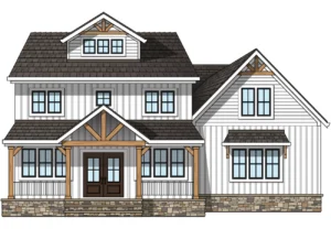 White two-story house with gabled roof.