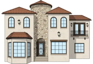 Stone and stucco house with red roofs.